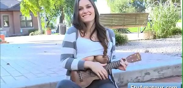  Sexy big tit natural brunette Summer play the ukulele in public and reveal her big boobs